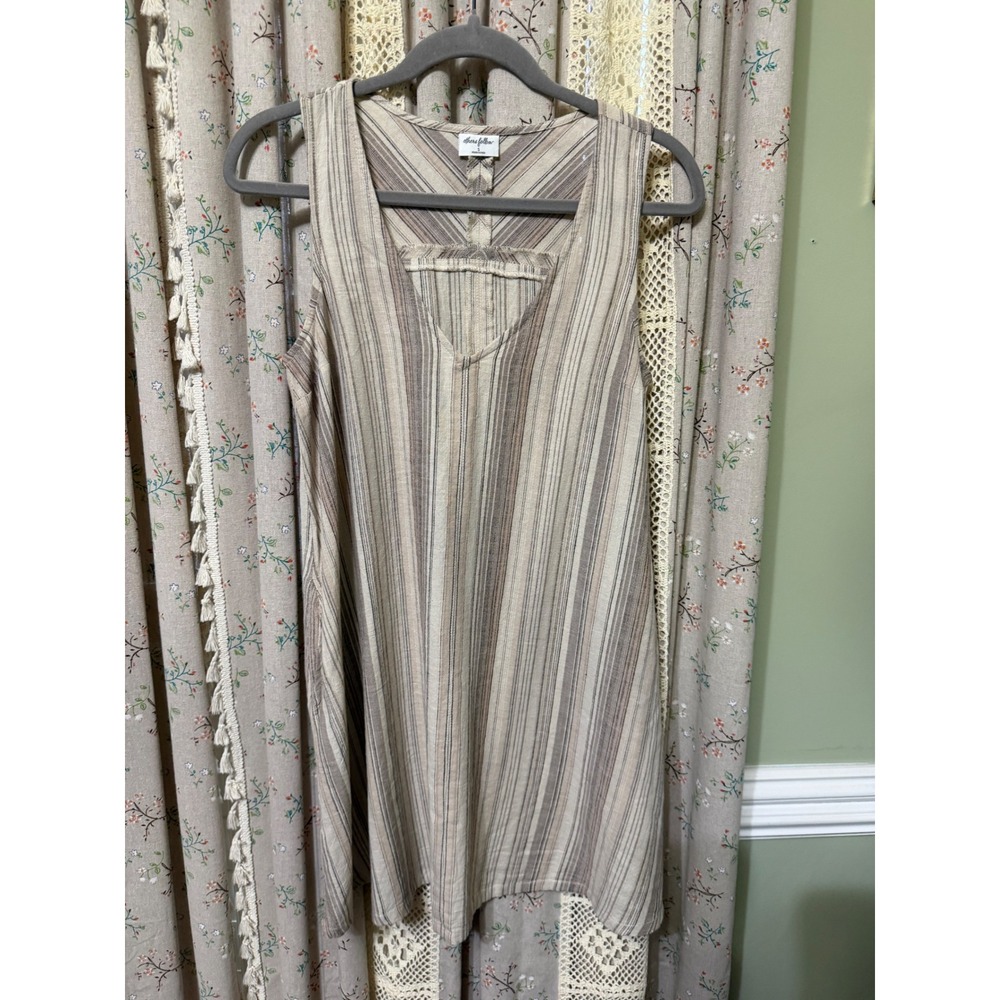 Others Follow Striped Shift Dress Small Beige Brown Cotton Keyhole Pocket